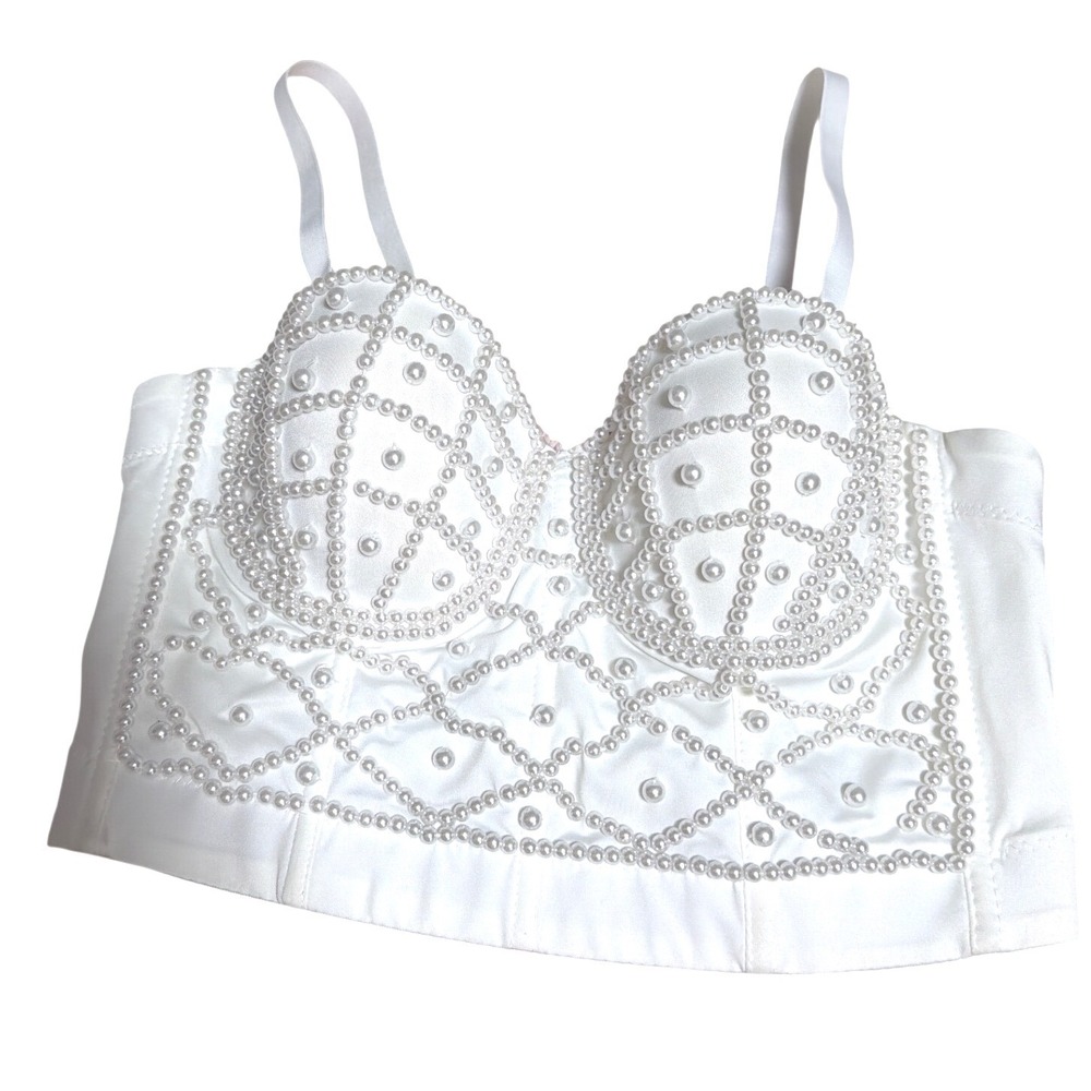 Coquette Pearl Bustier Crop Top | White Satin | Fairycore Cottagecore Boho - Picture 3 of 8